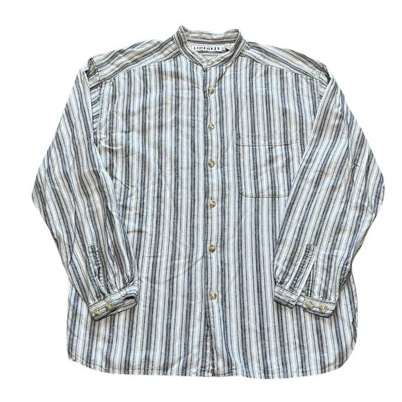 Vtg LINENEZE Mens XL Button Down Linen Blend Shirt Y2K Band Collar Hong Kong - Picture 1 of 6